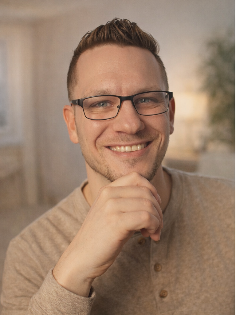 Therapist John Pelikan smiling in a warm indoor setting